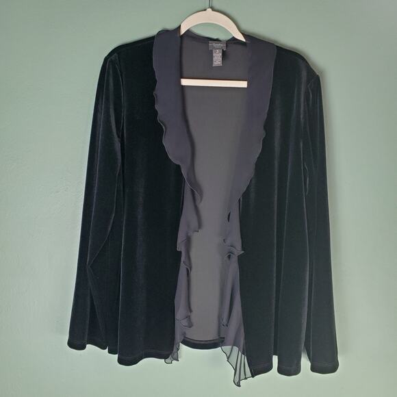 Chico's Travelers Womens Black Ruffle Chiffon Trim Velour Jacket Size 3 - Picture 1 of 4